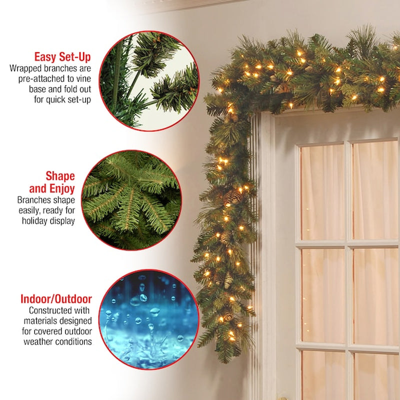 Indoor/Outdoor Pre-Lit Electrical Outlet 9-Ft Pine Artificial Garland with White Incandescent Lights