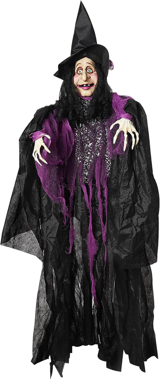 47" H Halloween Hanging Witch Prop, Life-Size Voice-Activated Witch with Eerie Sound & Eyes Glow Colorful Lights for Haunted House Yard Porch Trees Entrance Magic Parties Decor