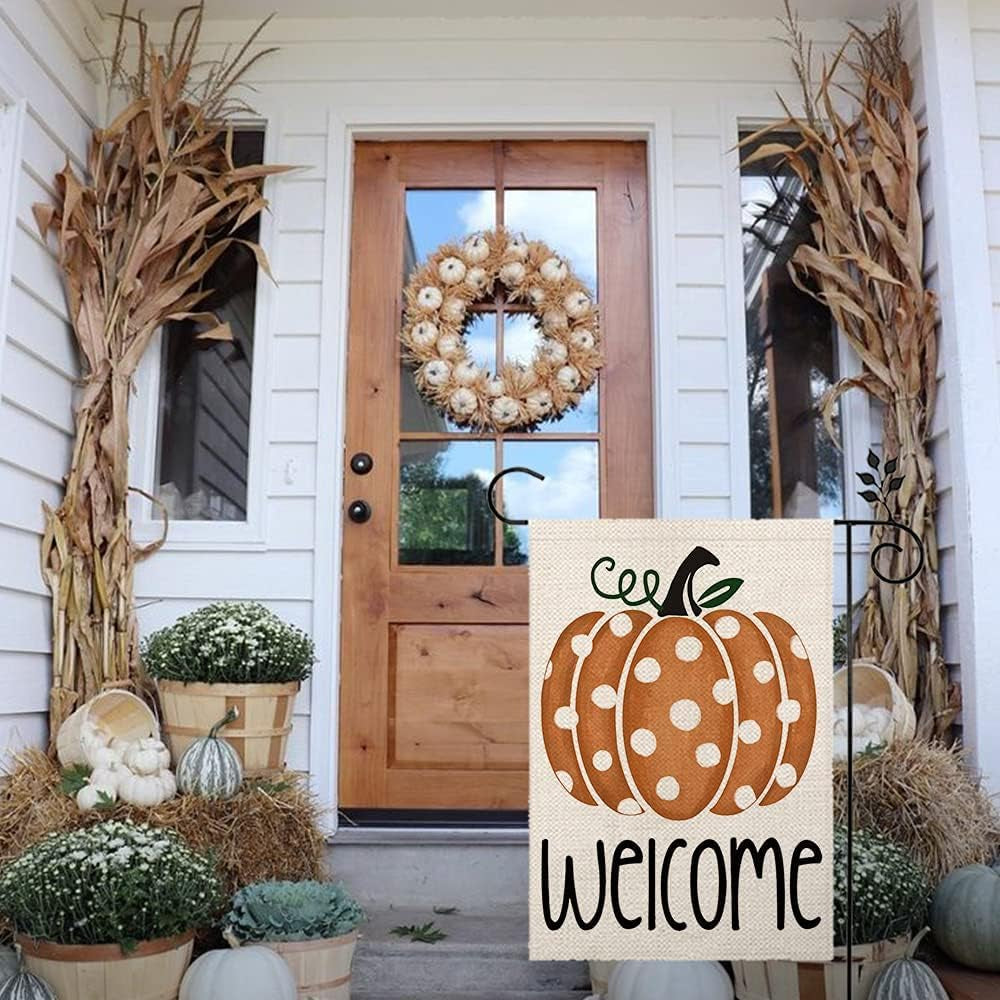 Fall Polka Dots Pumpkin Garden Flag 12×18 Inch for outside Double Sided Welcome Seasonal Holiday Thanksgiving Yard Decorations