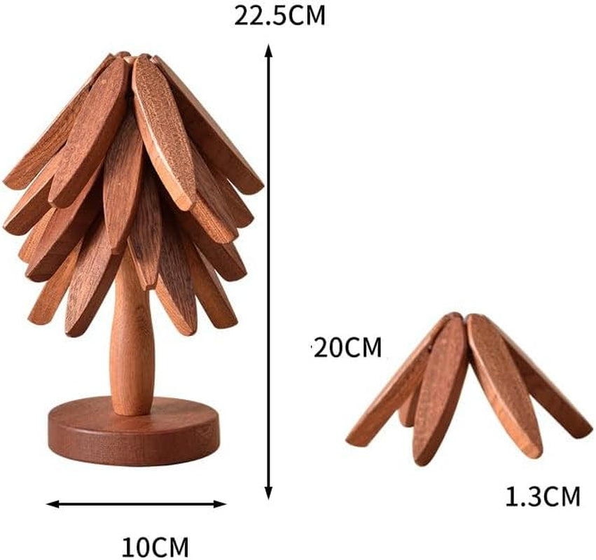 Tree Shape Trivet Set,Wooden Trivets for Hot Dishes Insulation Mat,Collapsible Coasters Trivets, Kitchen & Dining Decorations Item like a Christmas Tree - 4 Wooden Trivet + 1 Stand（Beech Wood） (Dark)