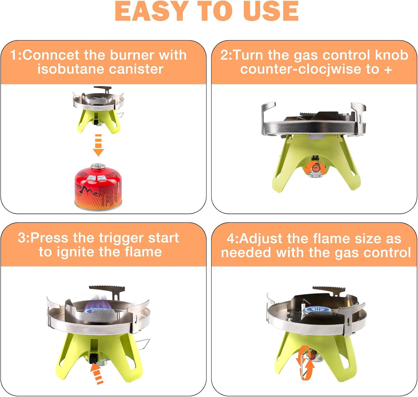 Portable Bottletop Propane Camping Stove with 1-Burner, Wind Baffles & Pressure Regulator for Outdoor Cooking, Hiking, Backpacking, Camping.