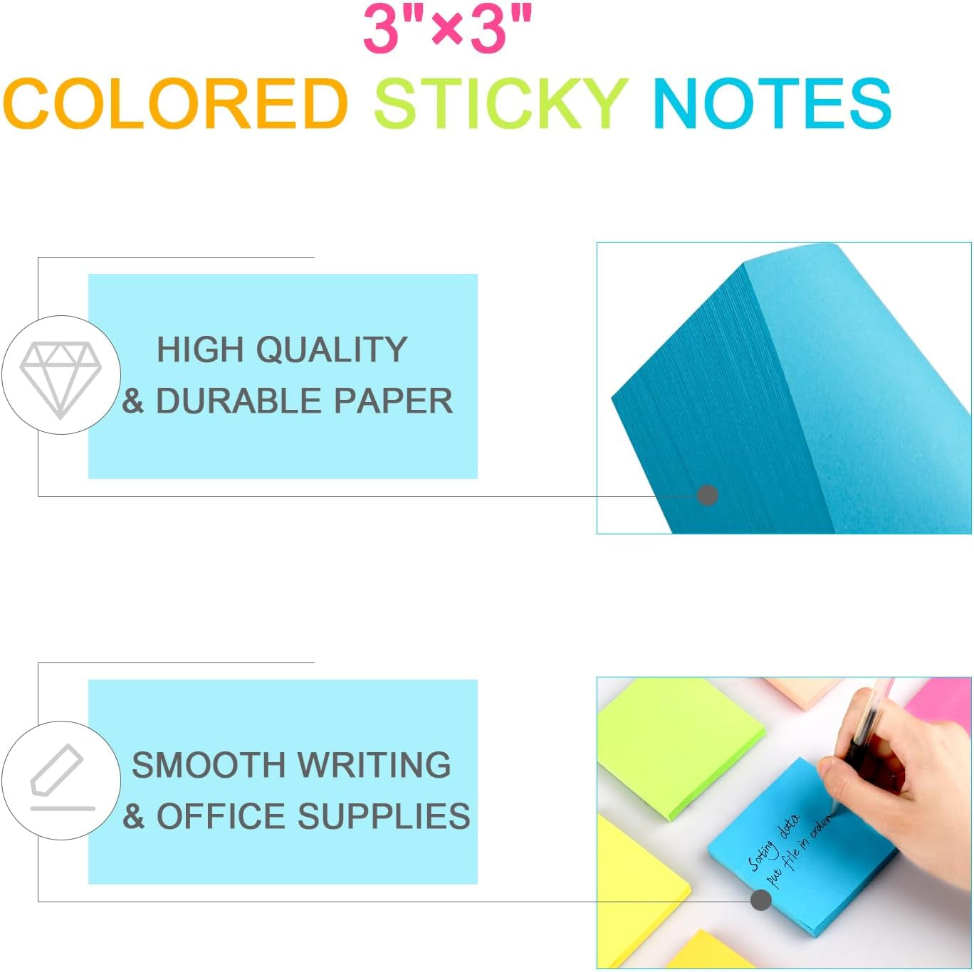 16-Pack Self-Stick Sticky Notes, 3x3 Inches, 85 Sheets per Pad, Total of 1,360 Sheets in 8 Vibrant Colors - Ideal for Office and School Use