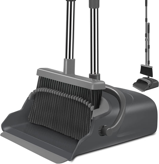 Broom and Dustpan Set for Home, Office, Indoor&Outdoor Sweeping, Stand up Broom and Dustpan (Black&Gray)