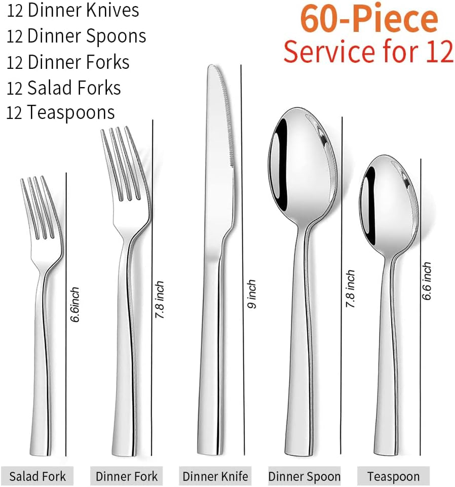 60-Piece Stainless Steel Silverware Set for 12 – Square Edge Flatware Cutlery, Includes Knives, Forks, and Spoons – Elegant Tableware for Home and Hotel – Mirror Polished and Dishwasher Safe