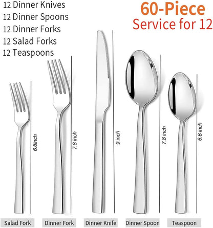 60-Piece Stainless Steel Silverware Set for 12 – Square Edge Flatware Cutlery, Includes Knives, Forks, and Spoons – Elegant Tableware for Home and Hotel – Mirror Polished and Dishwasher Safe