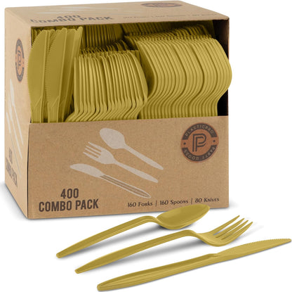 400 Pack Disposable Plastic Utensils Assorted Colored Cutlery Combo Set Forks Spoons Knives Silverware, Gold Plastic Cutlery for Parties