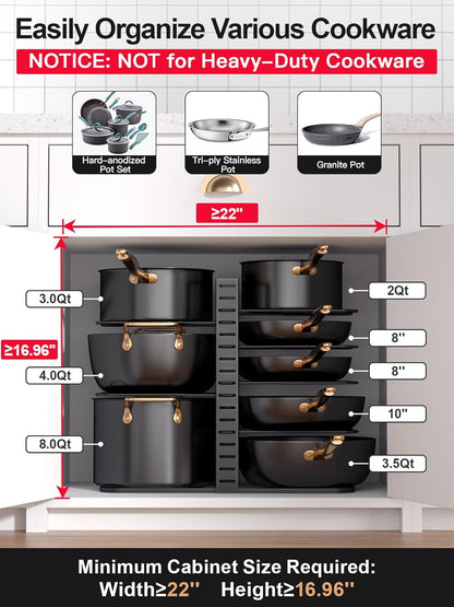 Pots and Pans Organizer : Rack under Cabinet, 8-Tier Kitchen Cabinet Organizers and Storage, Light-Duty Adjustable Pot Racks, Pan Organizers inside Cabinet with 3 DIY Methods