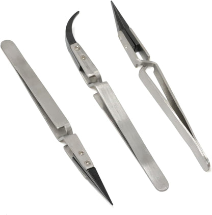 3Pack Precision Reverse Ceramic Tweezers Stainless Steel Ceramic Tweezers Three Types of Ceramic Tweezers Non-Conductive High Temperature Resistance