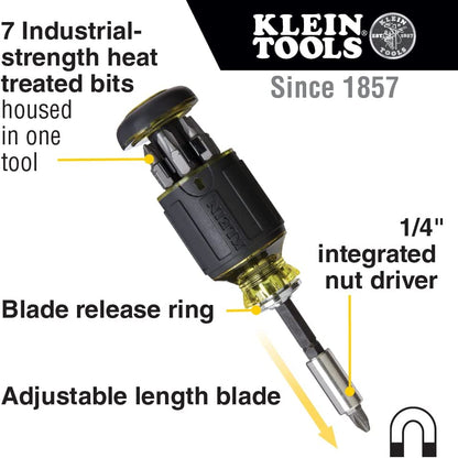 32308 Multi-Bit Stubby Screwdriver, Impact Rated 8-In-1 Adjustable Magnetic Tool with Phillips, Slotted, Square and Nut Driver