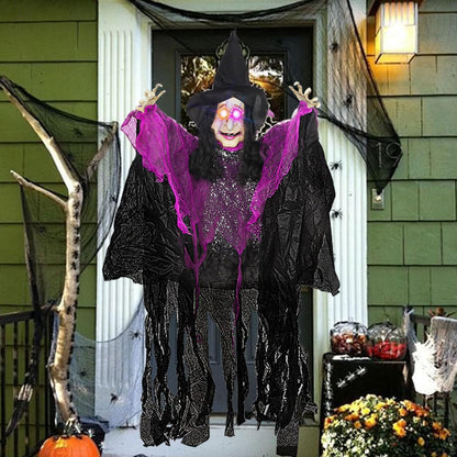 47" H Halloween Hanging Witch Prop, Life-Size Voice-Activated Witch with Eerie Sound & Eyes Glow Colorful Lights for Haunted House Yard Porch Trees Entrance Magic Parties Decor