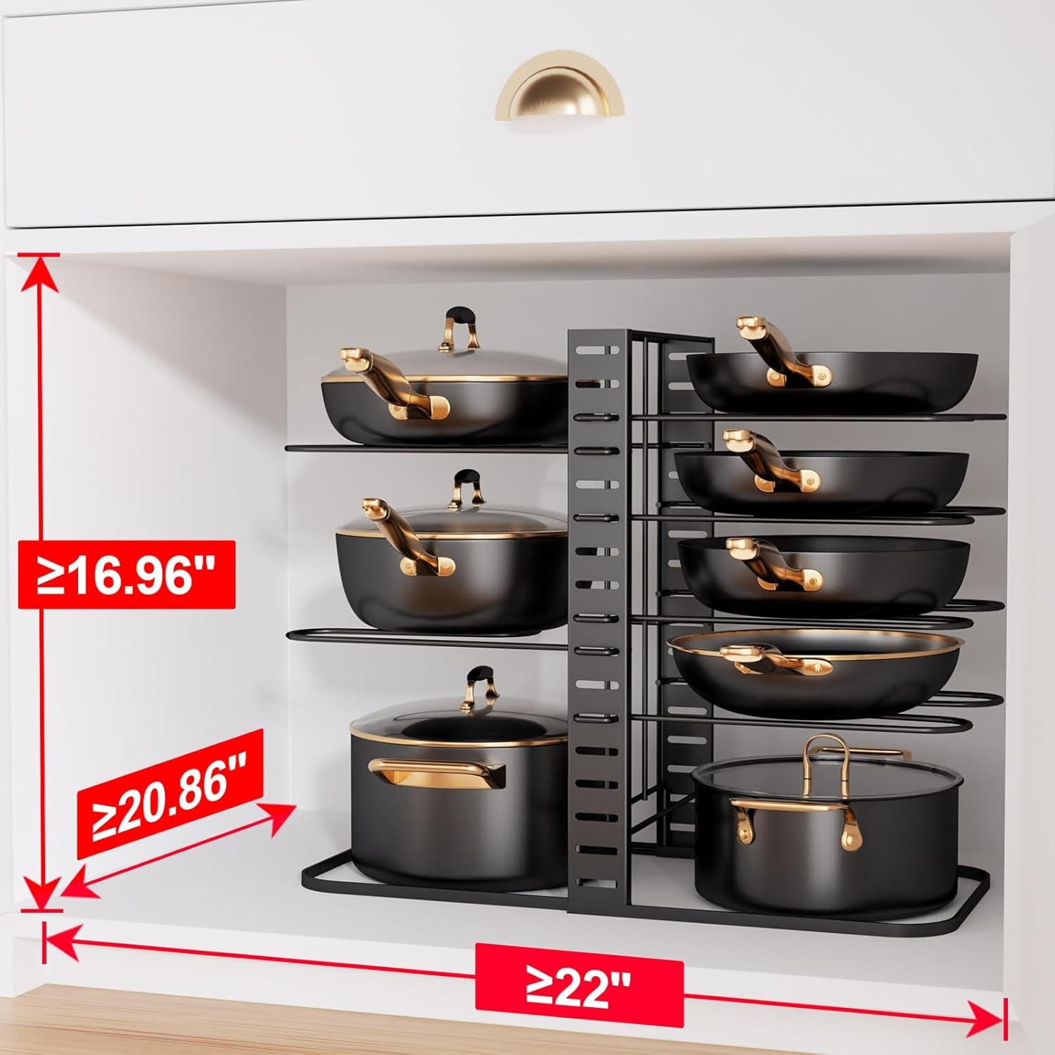 Pots and Pans Organizer : Rack under Cabinet, 8-Tier Kitchen Cabinet Organizers and Storage, Light-Duty Adjustable Pot Racks, Pan Organizers inside Cabinet with 3 DIY Methods