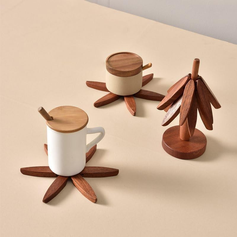 Tree Shape Trivet Set,Wooden Trivets for Hot Dishes Insulation Mat,Collapsible Coasters Trivets, Kitchen & Dining Decorations Item like a Christmas Tree - 4 Wooden Trivet + 1 Stand（Beech Wood） (Dark)