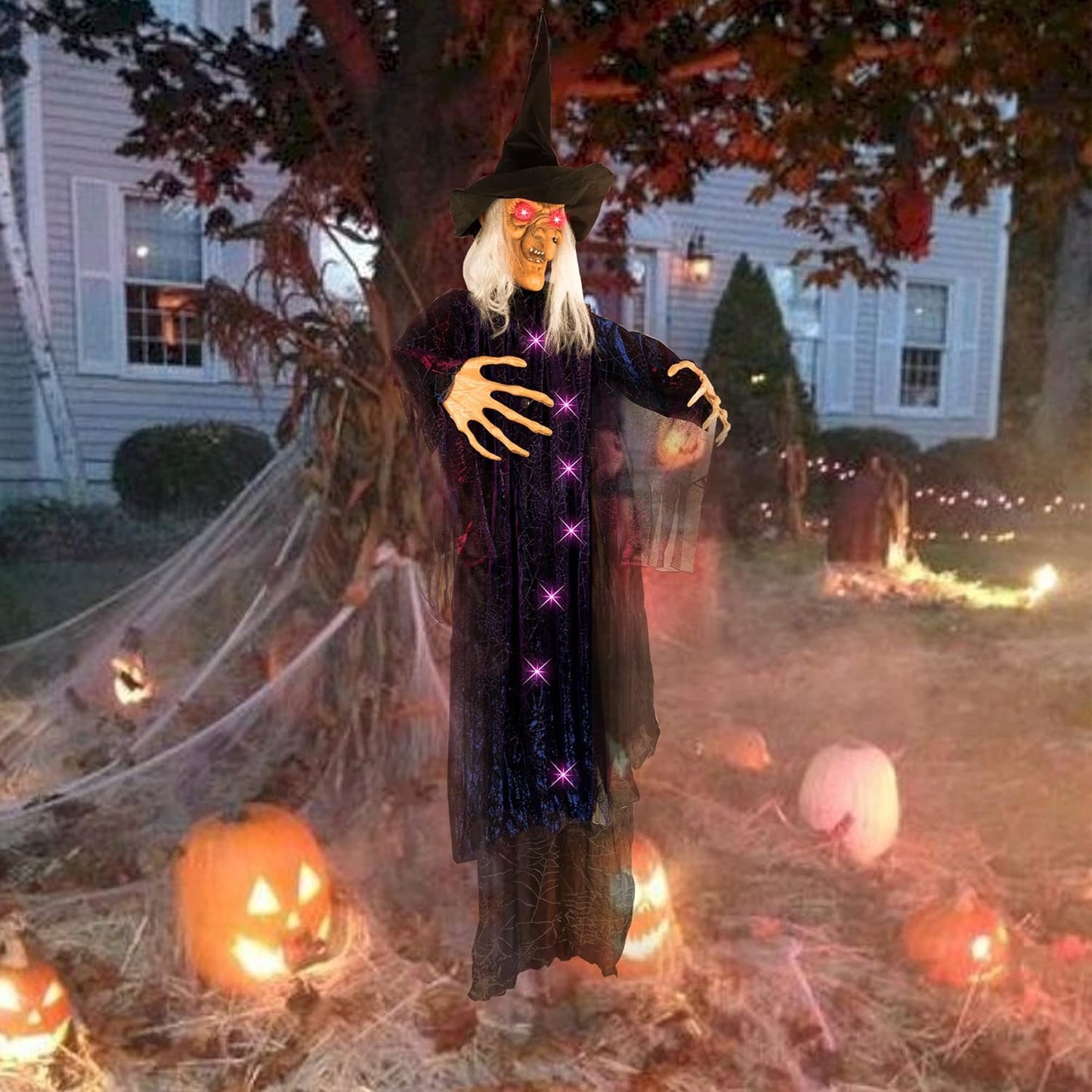 6 FT Hanging Witch Outdoor Halloween Decorations, Light up Hanging Witch with Sound Activation for Halloween Haunted House Props Party Supplies Yard Outdoor Indoor Decor