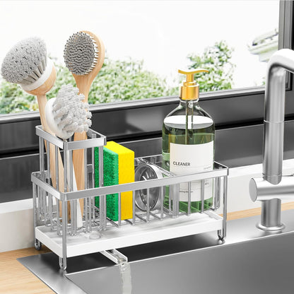 Sponge Holder for Kitchen Sink, Stainless Steel Silver Sink Caddy with High Brush Holder, Organzier Rustproof Dish Organizer, Soap Dispenser Storage, Kitchen Accessories for Organization