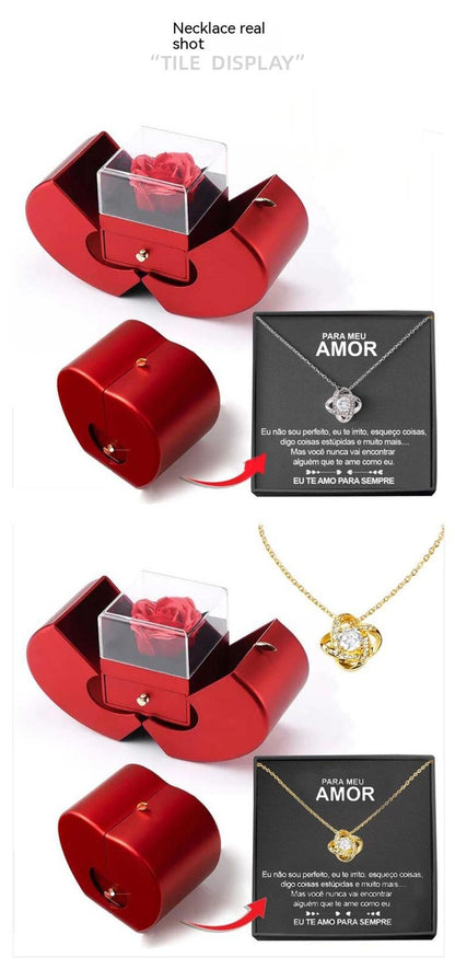 Fashion Jewelry Box Red Apple Christmas Gift Necklace Eternal Rose for Girl Mother'S Day Valentine'S Day Gifts with Artificial Flower Rose Flower Jewelry Box