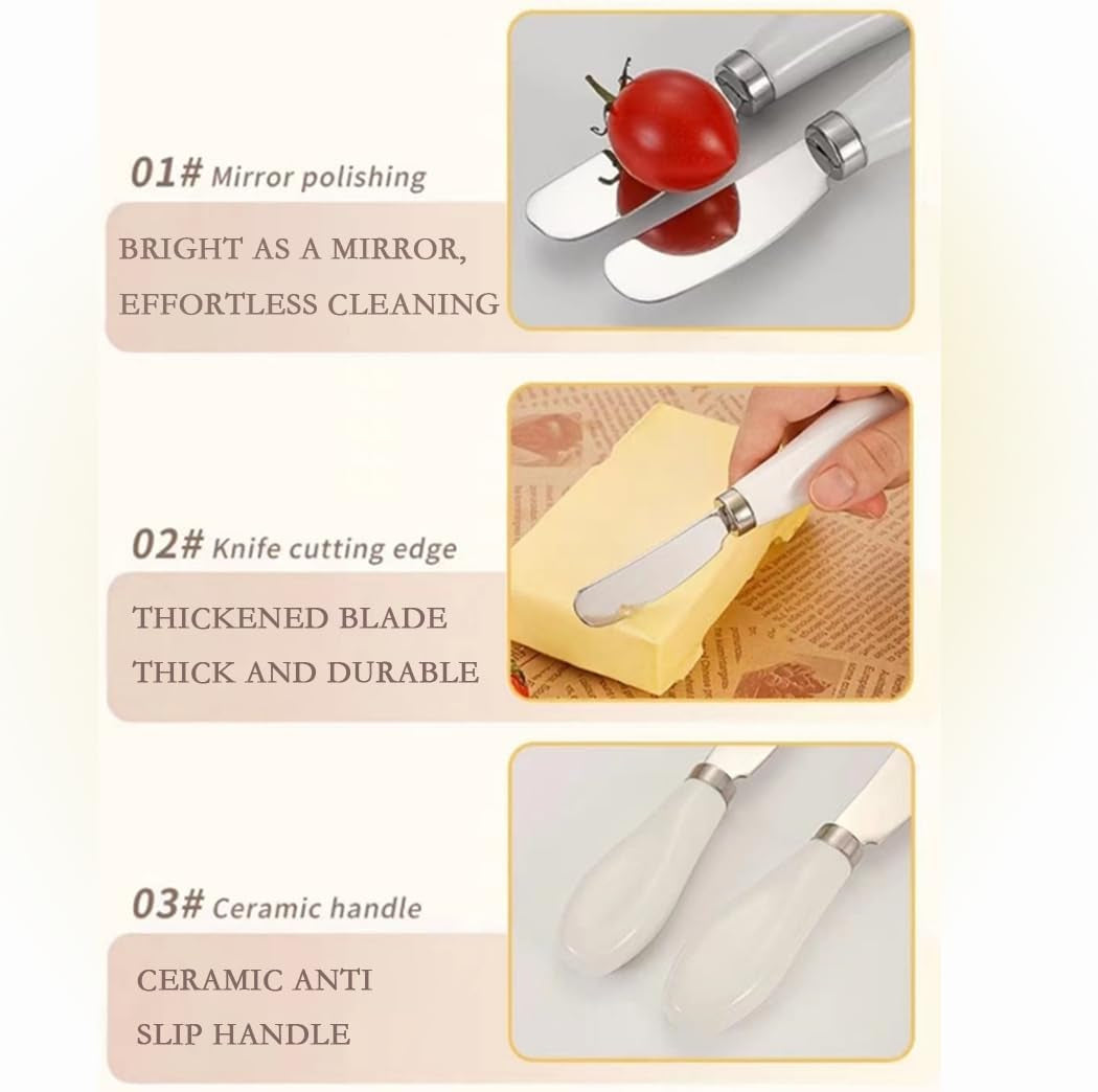 2Pcs Ceramic Handle Butter Knife Stainless Steel Butter Knife Tableware, Kitchen Butter Knife Cheese Knife, Jam Spatula, Household Cheese Knife