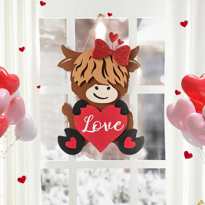 18 In. H Valentine'S Wooden Highland Cow with Heart Door Hanger