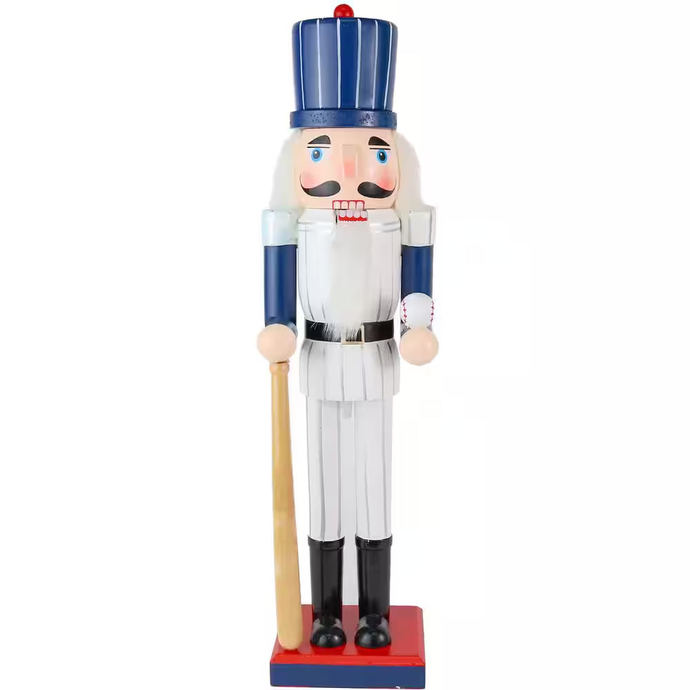 15 In. Wooden Baseball Nutcracker - Baseball Player with White Pin Stripe Uniform and Bat Holiday Decor Nutcracker