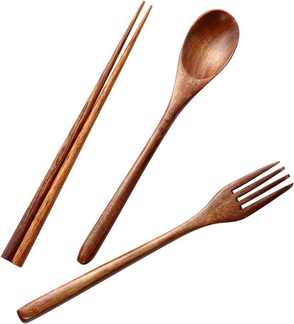 6 Pcs Wooden Flatware Tableware Cutlery Set Travel Utensils Wooden Fork Spoon Chopsticks Reusable Flatware Utensils for Kitchen Dinning Table