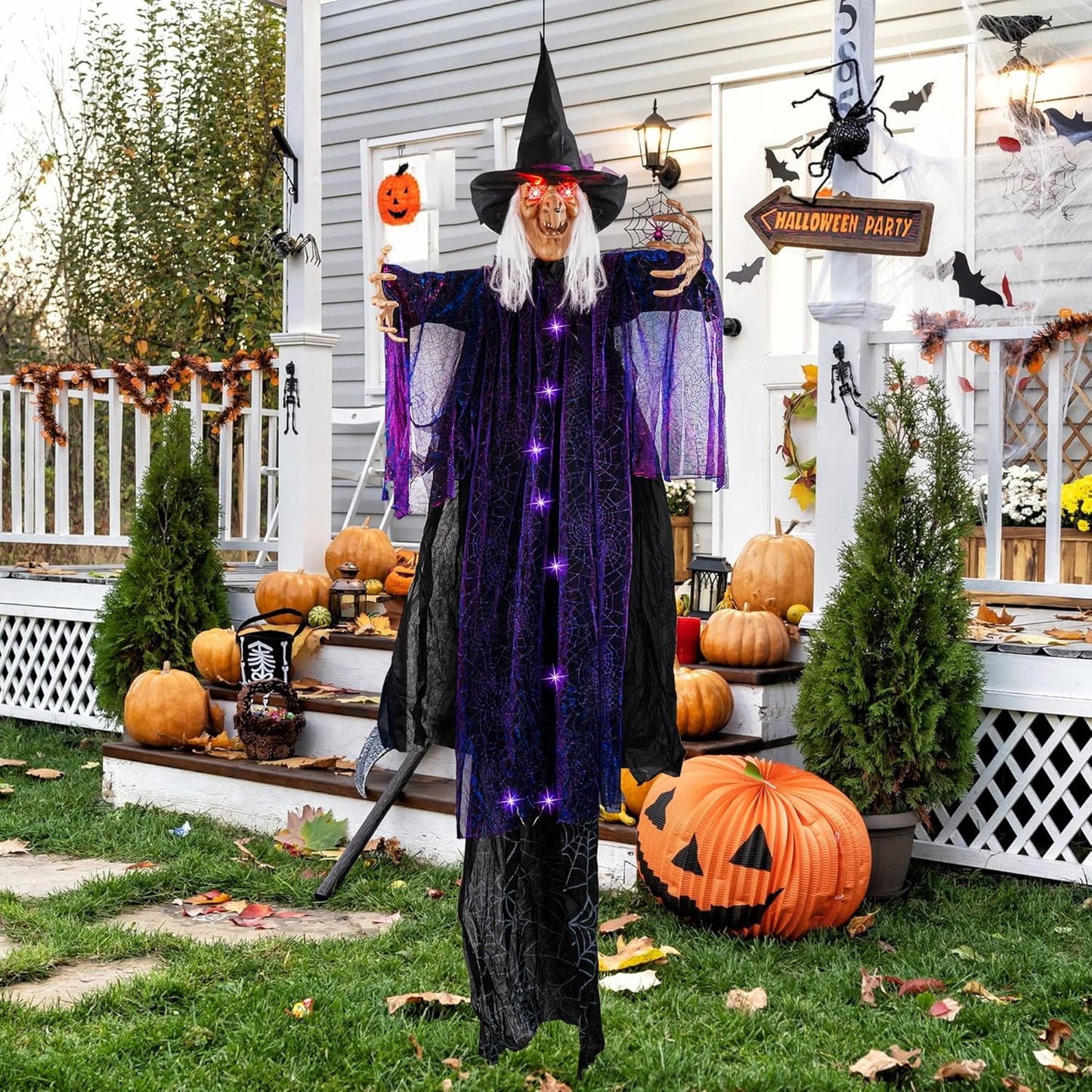 6 FT Hanging Witch Outdoor Halloween Decorations, Light up Hanging Witch with Sound Activation for Halloween Haunted House Props Party Supplies Yard Outdoor Indoor Decor