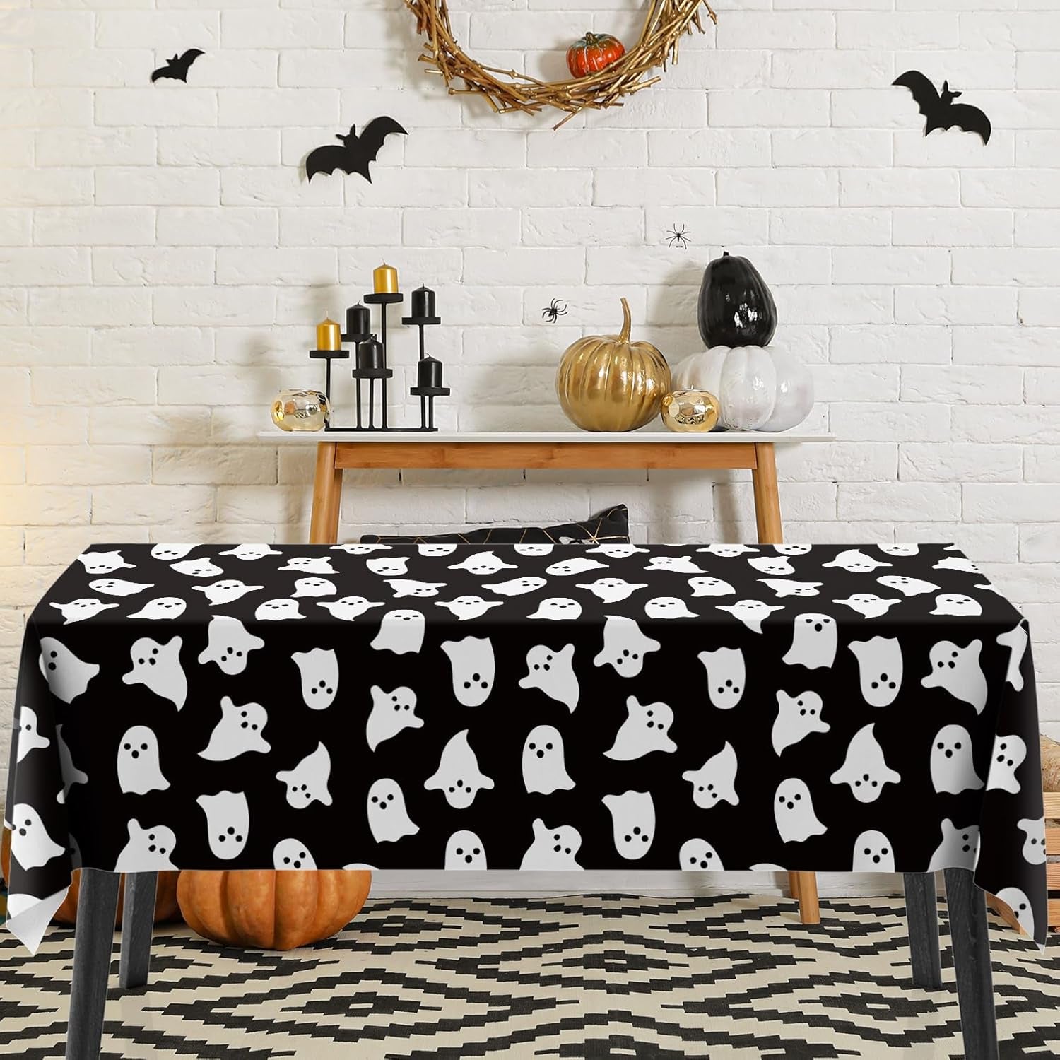 4Pcs Halloween Plastic Tablecloths White Black Ghost Disposable Table Cover Spooky Rectangle Table Cloth for Halloween Party Table Decor, 54 X 108 Inch