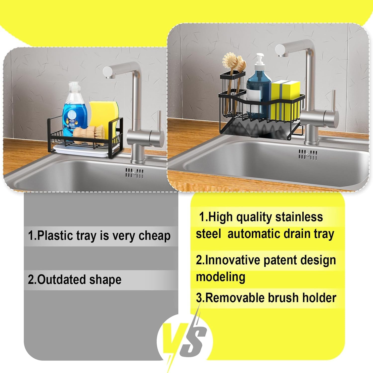 Sink Caddy Sponge Holder for Kitchen Sink with Brush Holder and Stainless Steel Self Drain Tray, Rustproof Kitchen Sink Organizer for Sponge, Soap Dispenser Storage Kitchen Accessories