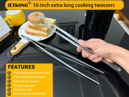 16-Inch Fine Tweezer Tongs Extra-Long Cooking Tweezer Stainless Steel Kitchen Tweezers (Round-Tips)