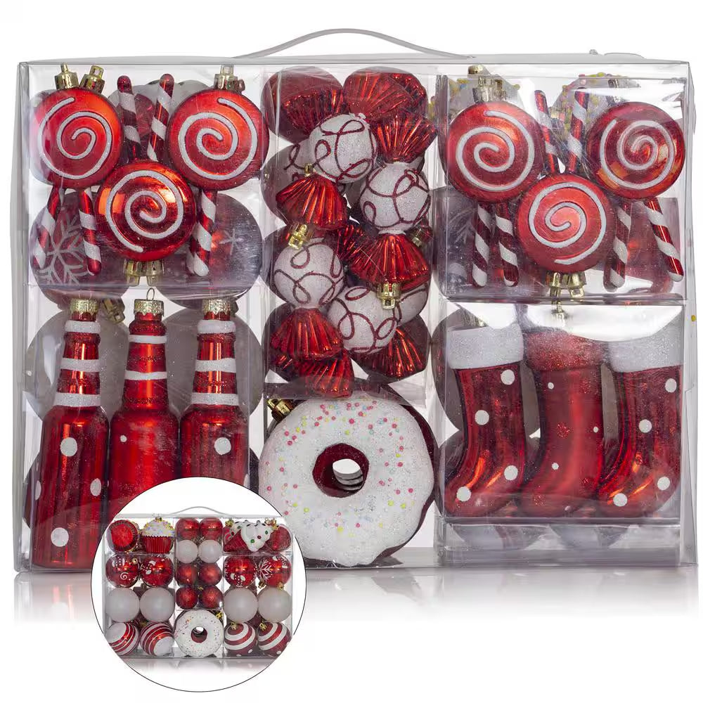 Candy Cane Ornament Set-Shatterproof Balls and Hanging Ornaments for Indoor/Outdoor Christmas Tree (82-Piece)