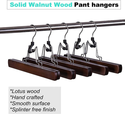 10-Pack Walnut Wooden Pants Hangers with Non-Slip Padded Velvet Clamps for Skirts, Trousers, and Wigs