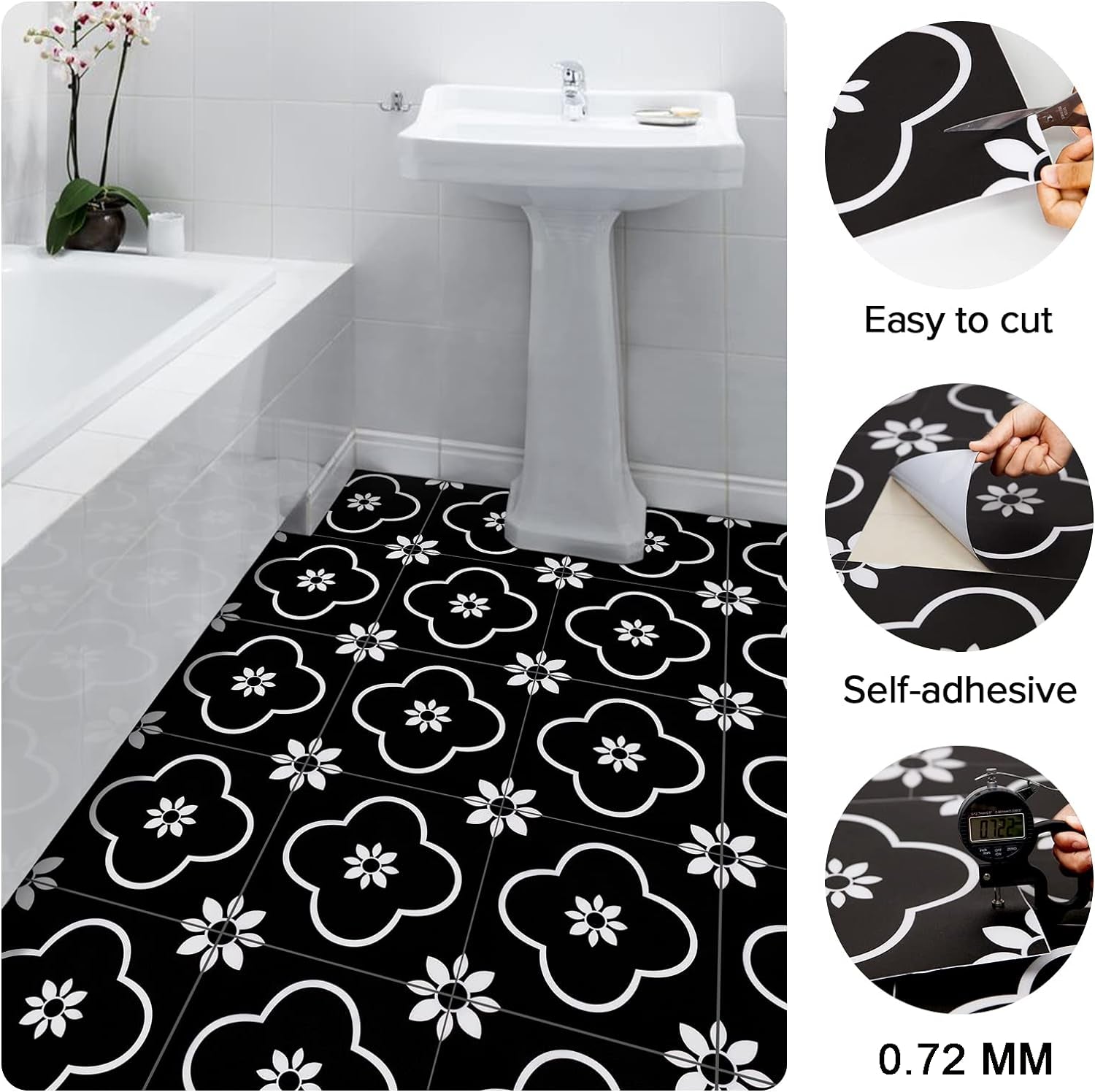 Vinyl Flooring Peel and Stick 12X12 Inch Self Adhesive Floor Tile Waterproof Non-Slip Removable Stickers Tile for DIY Installation of Kitchen Bedroom Backsplash Solid Black and White 10Pcs