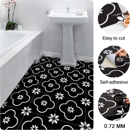 Vinyl Flooring Peel and Stick 12X12 Inch Self Adhesive Floor Tile Waterproof Non-Slip Removable Stickers Tile for DIY Installation of Kitchen Bedroom Backsplash Solid Black and White 10Pcs