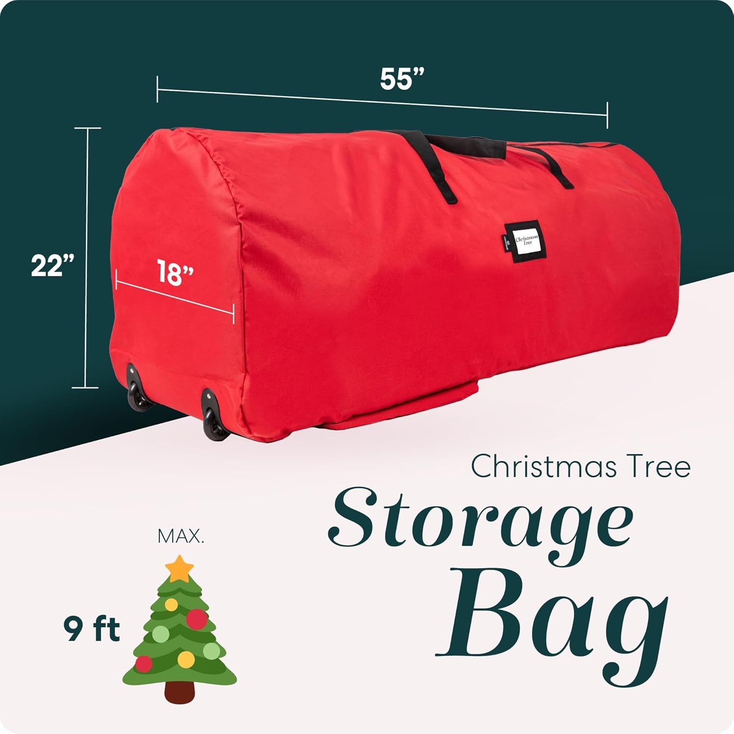 , Rolling Tree Storage Bag - Storage for 9-Foot Artificial Christmas Holiday Tree. Zippered Bag, Carry Handles & Wheels for Easy Transport. Protects against Dust, Insects, Moisture, RED