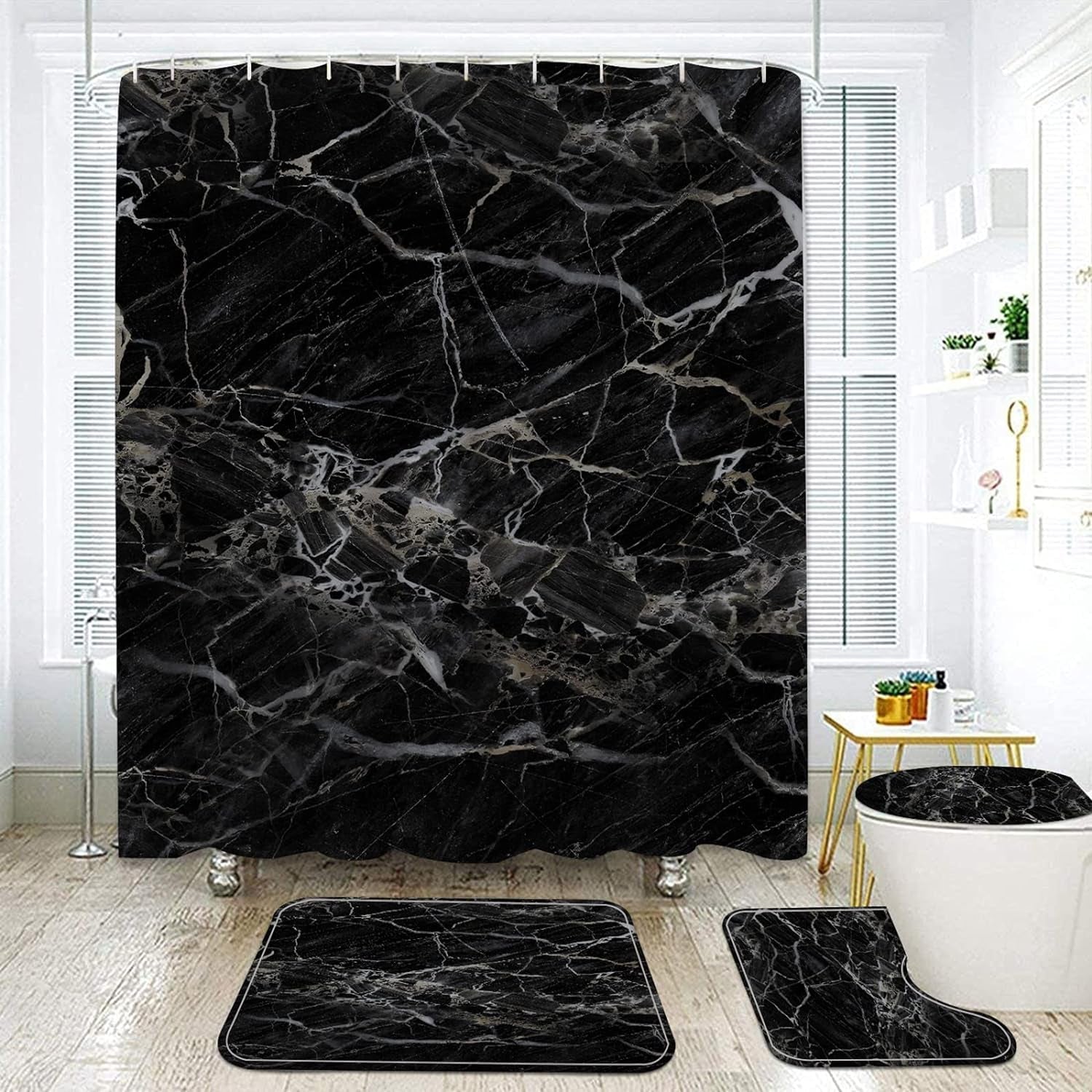 Black Marble Shower Curtain with Bath Rugs Sets, 4 Pcs Gray Marble Patterns Bathroom Décor with Toilet Seat Cover,Soft Mats, Absorbent Pedestal Pads and Shower Curtains + Hooks