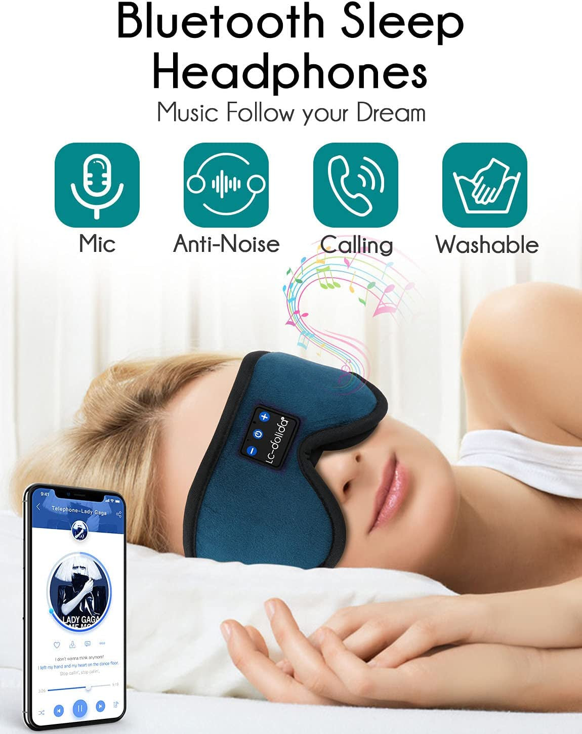 Lc-Dolida Sleeping Headphones Eye Mask, Sleep Mask with Bluetooth Headphones 3D Eye Mask Wireless Music Cotton Sleep Cover for Side Sleepers Nap Insomnia Air Travel Meditation Gifts for Unisex