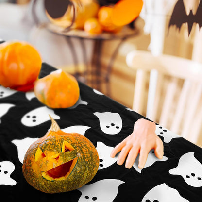 4Pcs Halloween Plastic Tablecloths White Black Ghost Disposable Table Cover Spooky Rectangle Table Cloth for Halloween Party Table Decor, 54 X 108 Inch