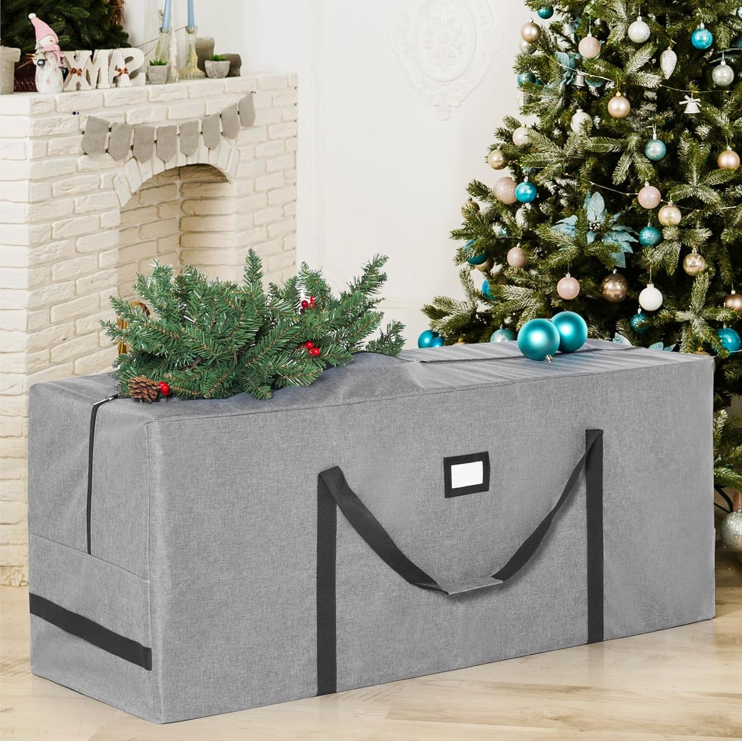 Christmas Tree Storage Bag - for 7.5 Ft Artificial Disassembled Holiday Tree - Heavy Duty 900D Oxford Fabric Waterproof Xmas Tree Bag with Durable Reinforced Handles & Dual Zipper, Grey