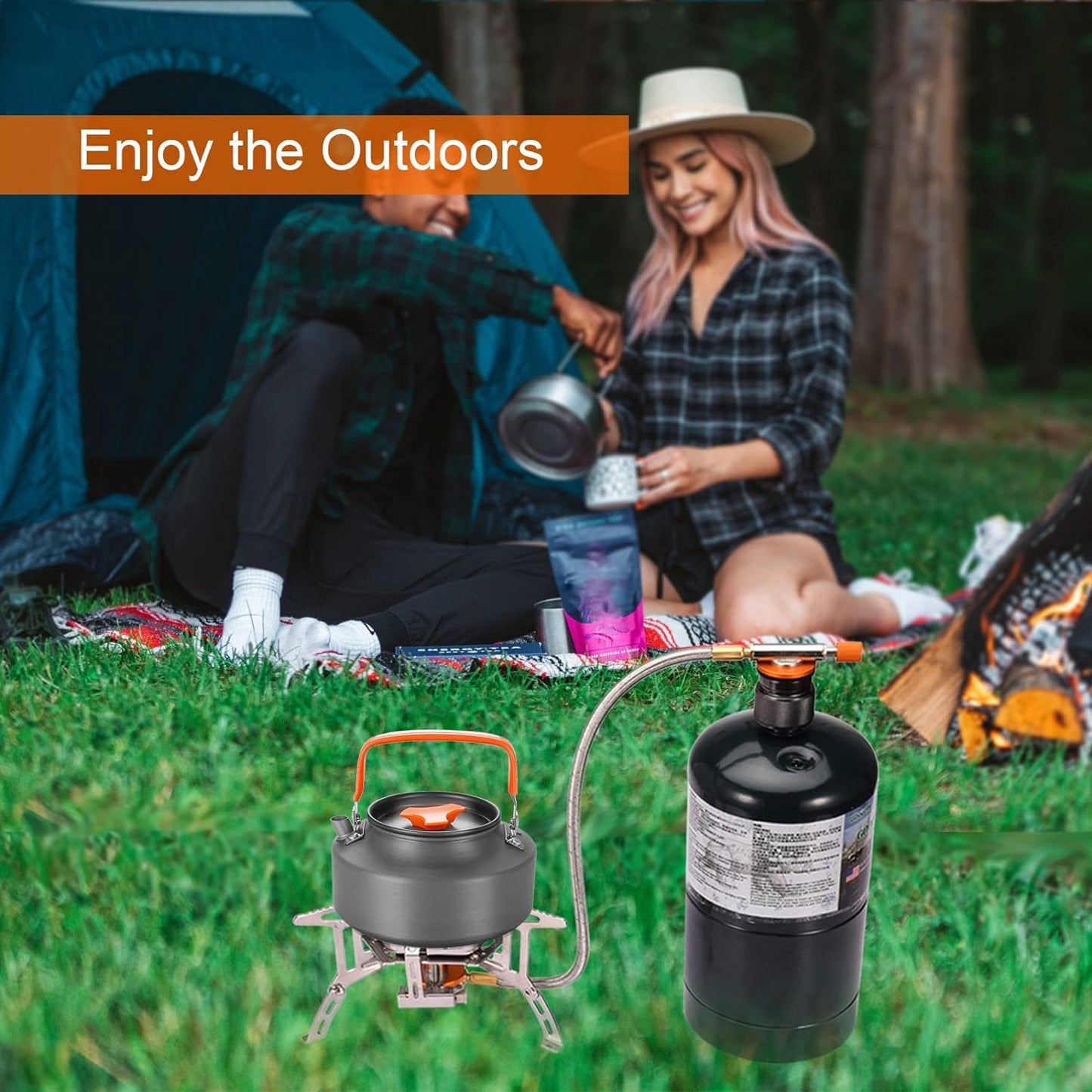 Portable Backpacking Stove with Piezo Ignition Windproof Camping Gas Stove Camp Stove Foldable Burner with Propane Canister Adapter for Outdoor Camping Hiking Picnic