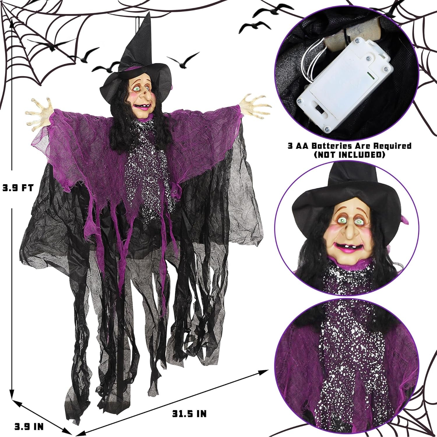 47" H Halloween Hanging Witch Prop, Life-Size Voice-Activated Witch with Eerie Sound & Eyes Glow Colorful Lights for Haunted House Yard Porch Trees Entrance Magic Parties Decor