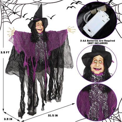 47" H Halloween Hanging Witch Prop, Life-Size Voice-Activated Witch with Eerie Sound & Eyes Glow Colorful Lights for Haunted House Yard Porch Trees Entrance Magic Parties Decor