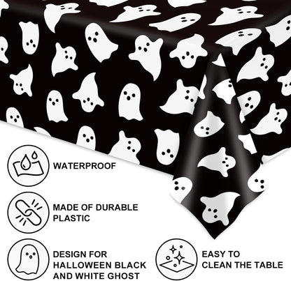 4Pcs Halloween Plastic Tablecloths White Black Ghost Disposable Table Cover Spooky Rectangle Table Cloth for Halloween Party Table Decor, 54 X 108 Inch