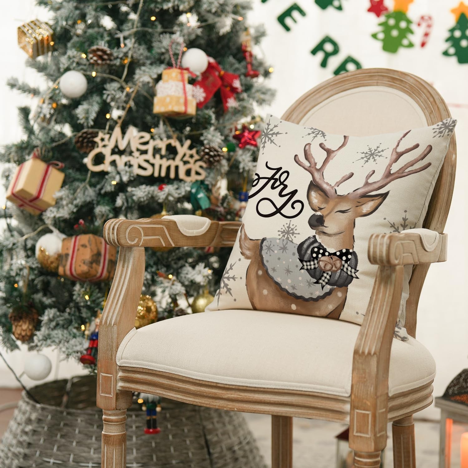 Christmas Snowman Reindeer Gloves Eucalyptus Throw Pillow Covers, 18 X 18 Inch Winter Holiday Stripes Cushion Case Decoration for Sofa Couch Set of 4