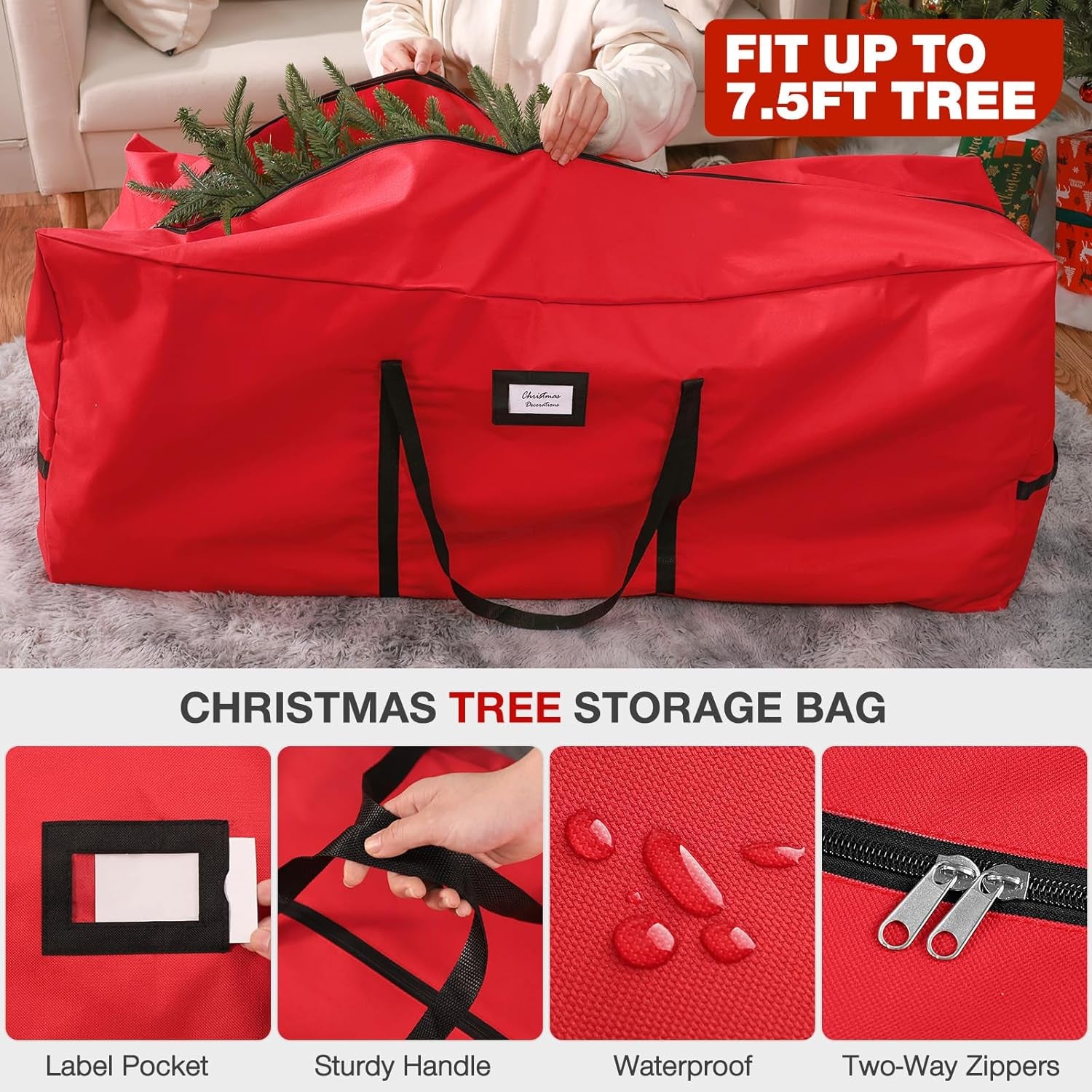 3 Pack Christmas Tree Storage Bag, for 7.5 Ft Artificial Trees Up, Durable Waterproof with Reinforced Carrying Handles, Xmas Holiday Garland Bag Storage Case (7.5 Ft, Red)