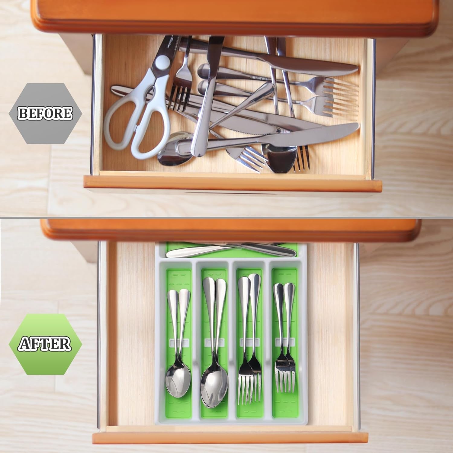 Silverware Organizer with Cutlery Icons，Silverware Tray for Kitchen Drawer，Plastic Flatware Tableware Silverware Drawer Organizer Utensil Organizer with Non-Slip TPR Linings，5-Compartment