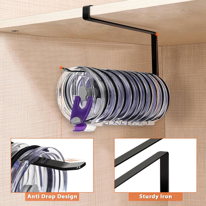 Tumbler Lid Organizer, Horizontal Tumbler Lid Storage Hook up to 10 Lids, Space Saving Cup Lid Holders under Cabinet Tumbler Lid Hook for Kitchen Organizer and Storage,Hanging Paper Towel Rack Hanger