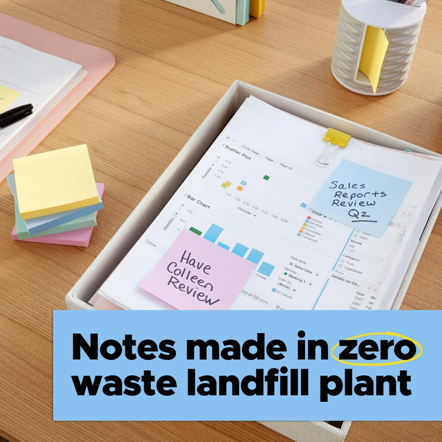 100% Recycled Paper Super Sticky Notes, 2X the Sticking Power, 3X3 In, 12 Pads/Pack, 70 Sheets/Pad, Wanderlust Pastels Collection