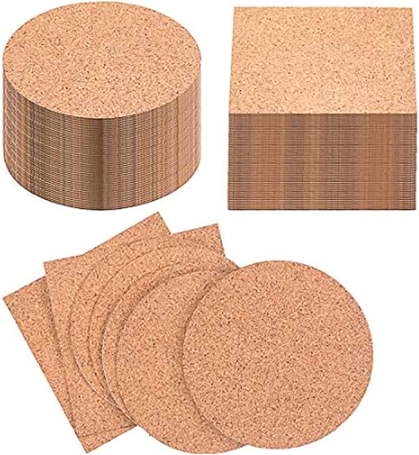 100 Pieces Self-Adhesive DIY Coaster Square Cork and round Cork Backing Sheets, Mini Wall Cork Tiles for Coasters and DIY Sticky Crafts, 4 X 4 Inch