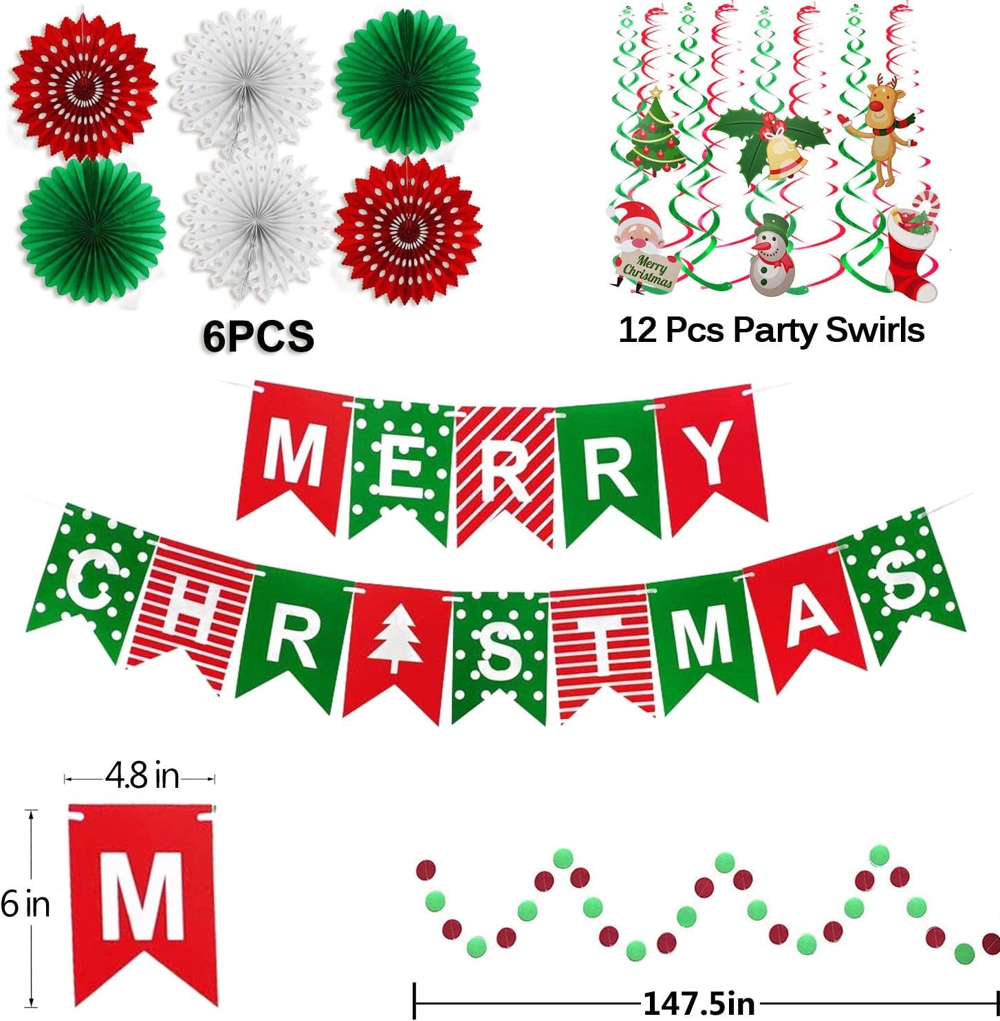 Merry Christmas Banner Paper Fan Flower Circle Confetti Dots Hanging Garlandand Swirl Streamers Christmas Tree Christmas Snowman God Tang for Christmas Party Decoration