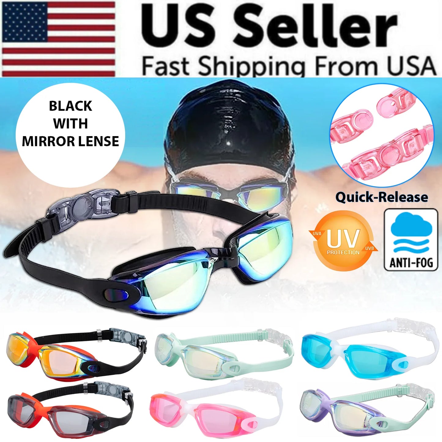 Clear Comfortable Swimming Goggles UV- Anti-Fog Swim Glasses Mirror Adult & Kids