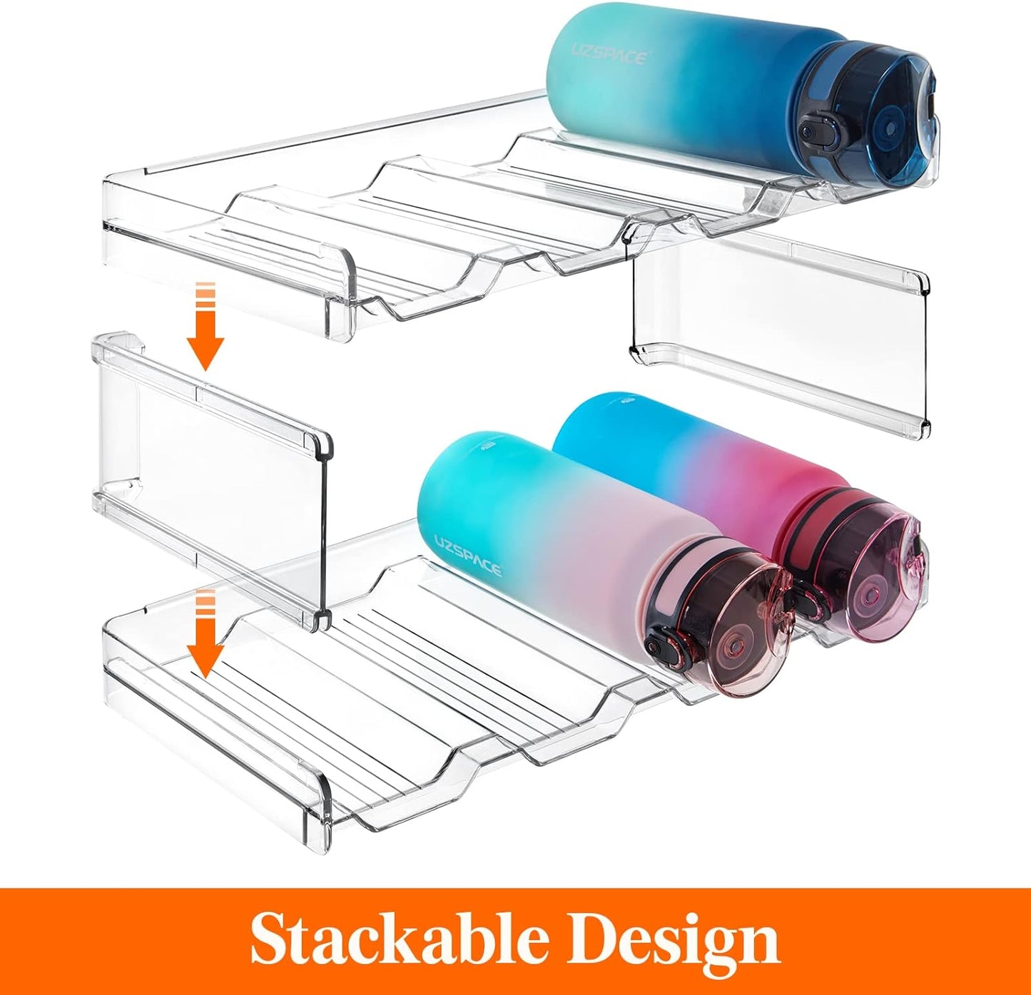 Stackable Water Bottle Organizer/Holder for Cabinet Fridge, Kitchen Pantry Organization and Storage, Plastic Wine Racks, Tumbler Travel Mug Cup Holder, 2Pack, Hold 8 Bottles