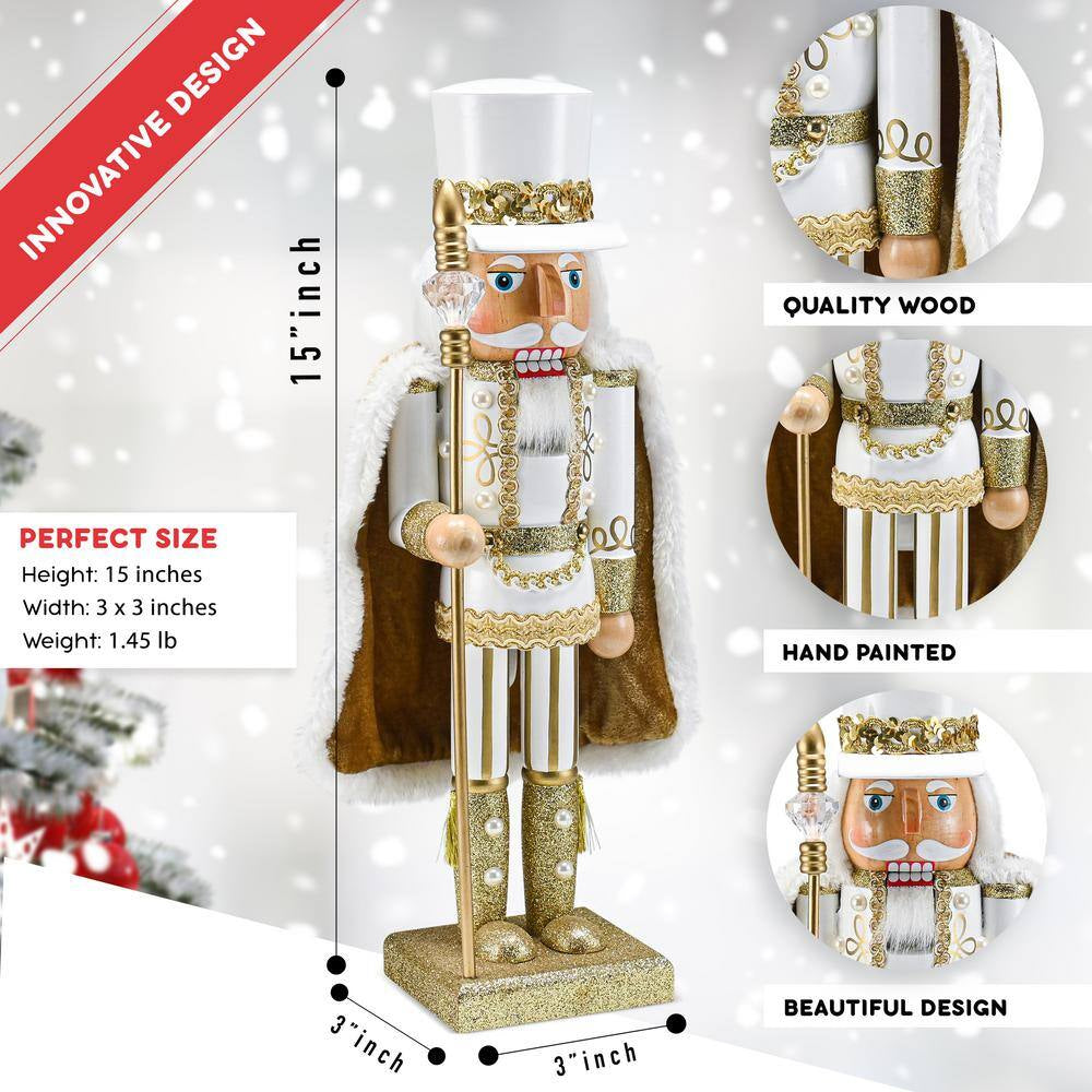 14 In. Wooden Christmas Gold King Nutcracker-Gold and White Glittered Nutcracker with Gold and White Fur Cape and Staff